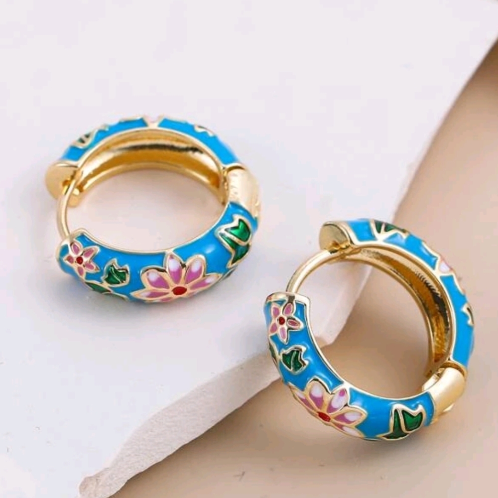 Revolve Petit Moments Art Deco Floral Enamel Mini Hoops in Blue - Picture 1 of 7